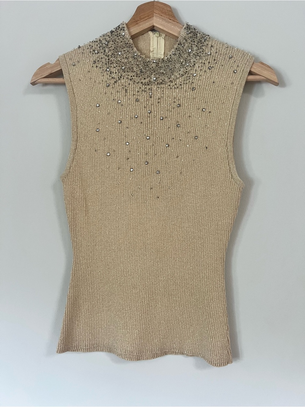 Sleeveless Beaded Mock Neck Knit Top - Beige